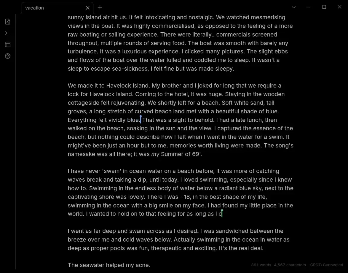 Obsidian note on desktop with two live cursors and the YAOS CRDT: Connected status in the footer