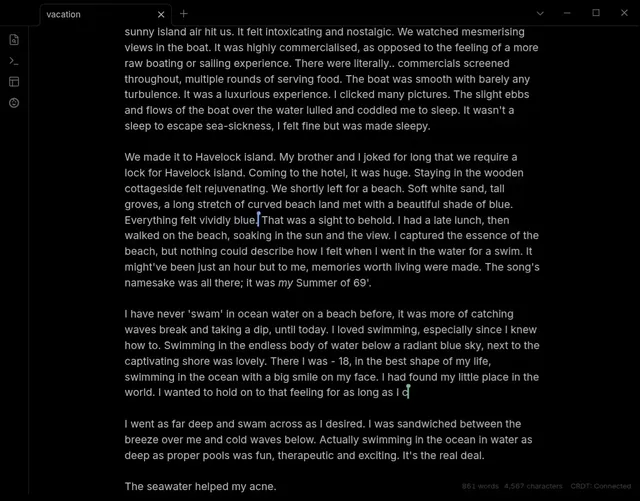 Obsidian note on desktop with two live cursors and the YAOS CRDT: Connected status in the footer