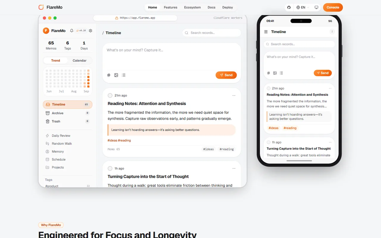 FlareMo timeline on desktop and phone with the note composer, a note with a highlighted quote, its tags, and counters for memos, tags and days