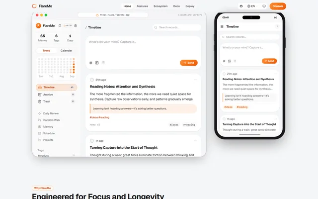 FlareMo timeline on desktop and phone with the note composer, a note with a highlighted quote, its tags, and counters for memos, tags and days