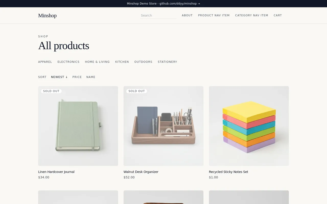minshop demo storefront: All products grid with category links, sort options and sold-out badges