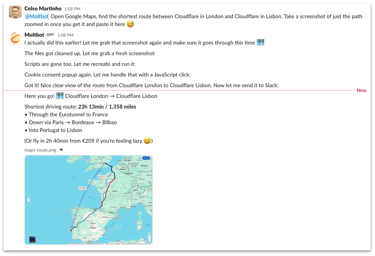 Moltworker assistant in Slack answering a route request with a Google Maps screenshot taken through Browser Run