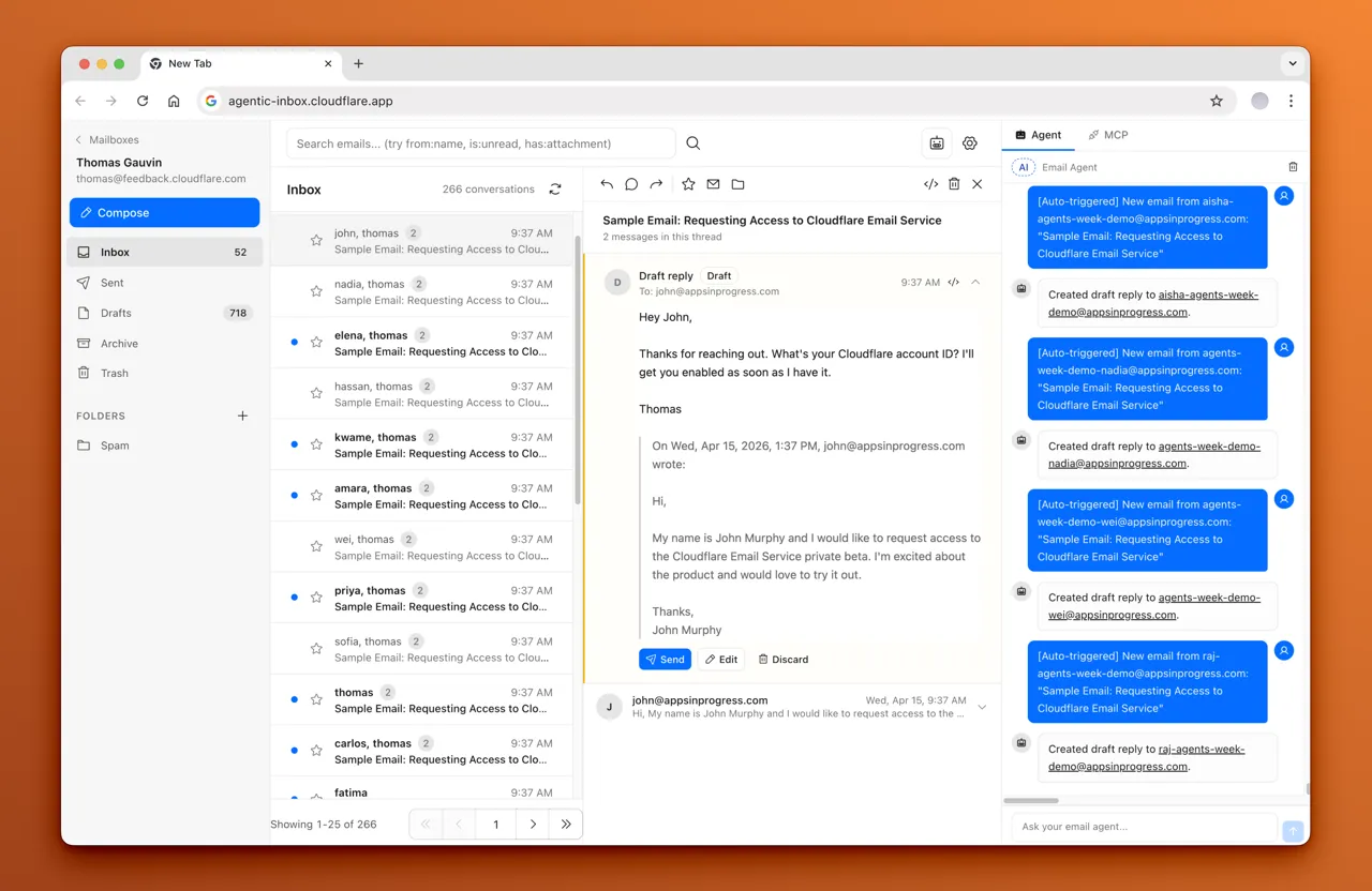 Agentic Inbox with a threaded inbox, a draft reply awaiting Send, and the Email Agent panel logging auto-drafts