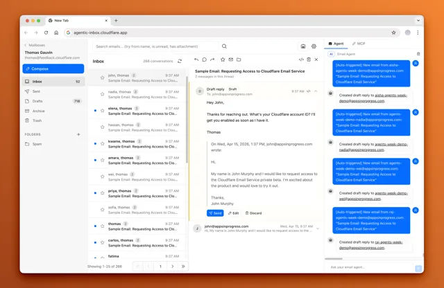 Agentic Inbox with a threaded inbox, a draft reply awaiting Send, and the Email Agent panel logging auto-drafts