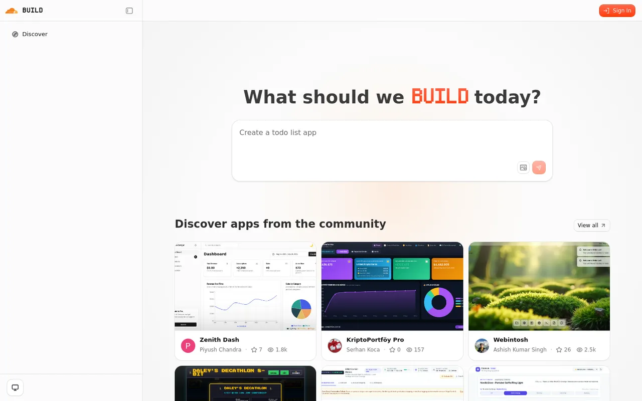 VibeSDK home on build.cloudflare.dev with the build prompt box and a grid of community-built apps