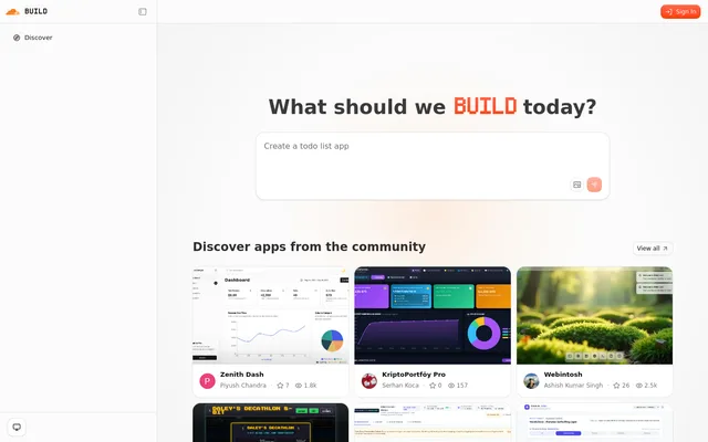 VibeSDK home on build.cloudflare.dev with the build prompt box and a grid of community-built apps