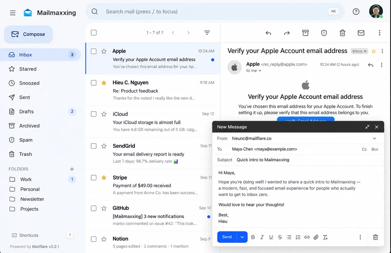 Mailflare inbox under a custom brand name, with an open message and the compose window