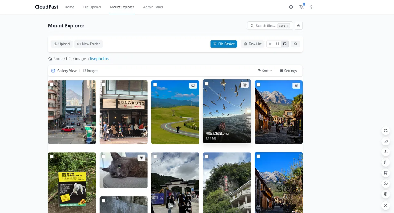 CloudPaste Mount Explorer in gallery view, showing photo thumbnails from a Backblaze B2 folder