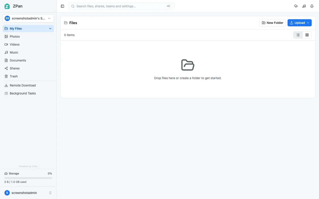 ZPan file browser with media filters, shares, trash, remote download and a storage quota bar
