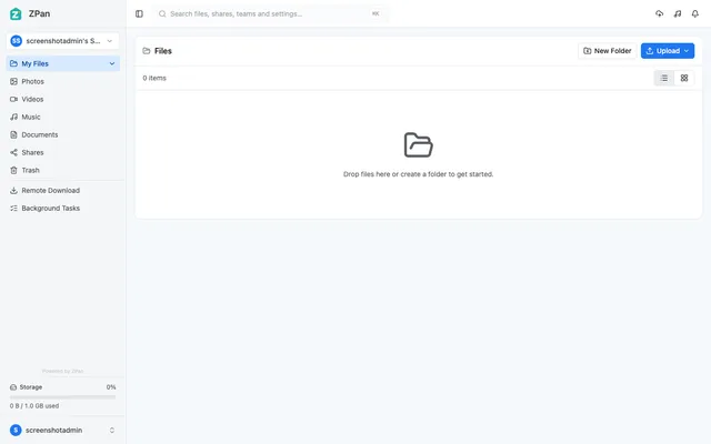 ZPan file browser with media filters, shares, trash, remote download and a storage quota bar