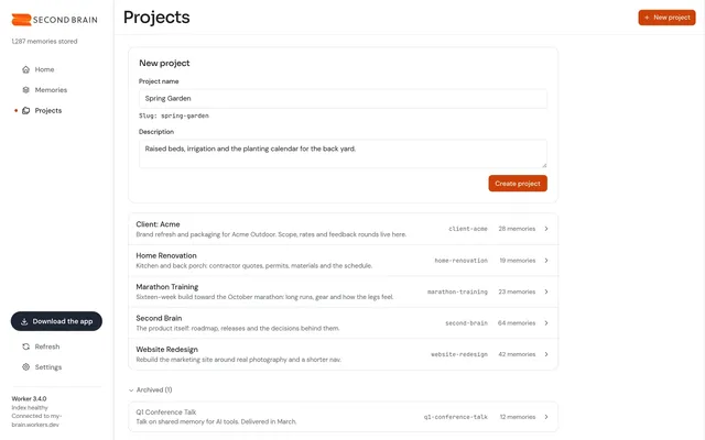 Second Brain dashboard Projects tab with a new project form and five projects with memory counts