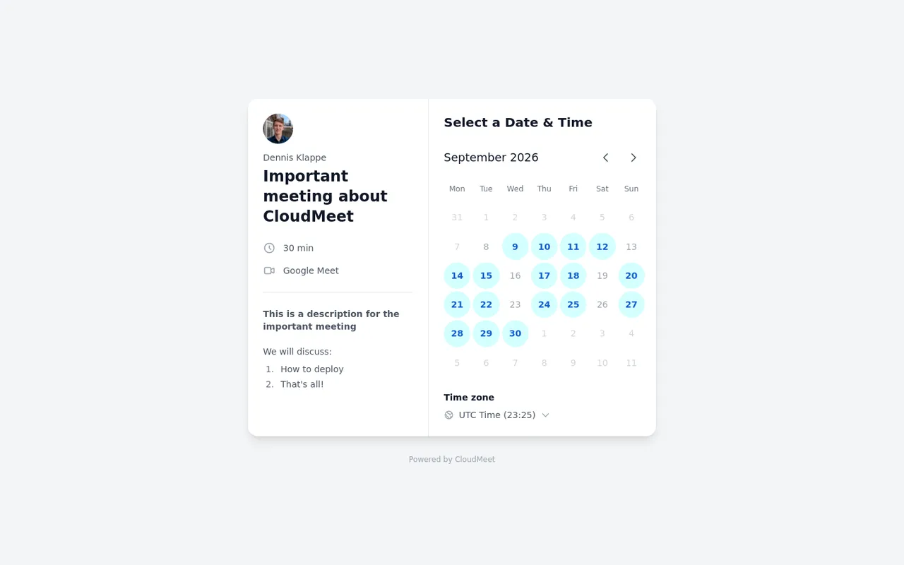 CloudMeet booking page for a 30-minute Google Meet event, with open dates on a month calendar