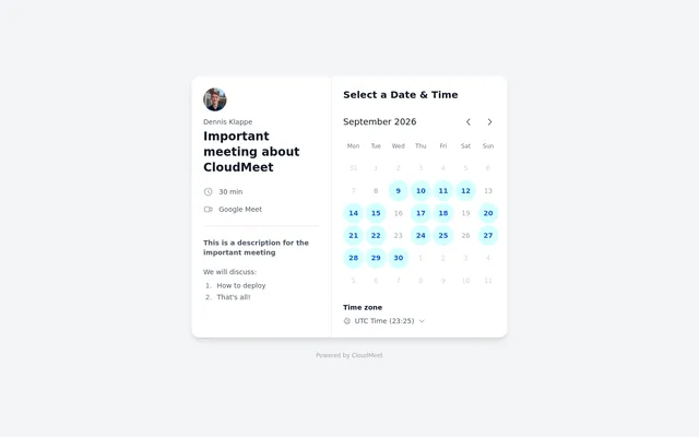 CloudMeet booking page for a 30-minute Google Meet event, with open dates on a month calendar