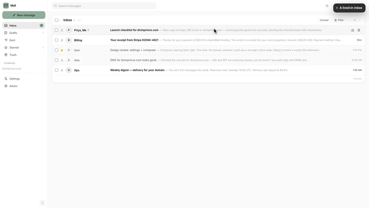 Quickinbox inbox for a custom domain with five conversations, folders and the domain list