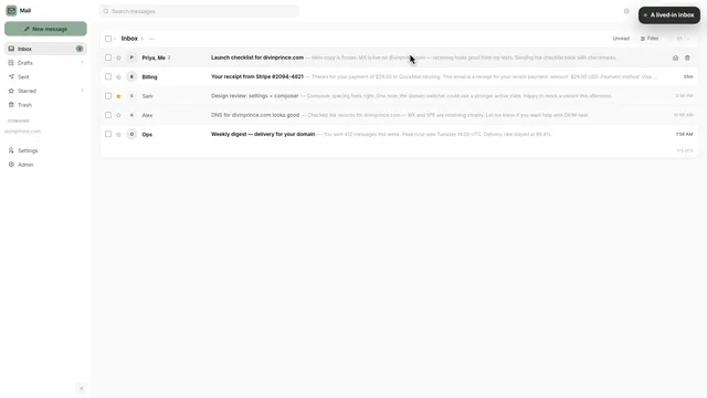 Quickinbox inbox for a custom domain with five conversations, folders and the domain list