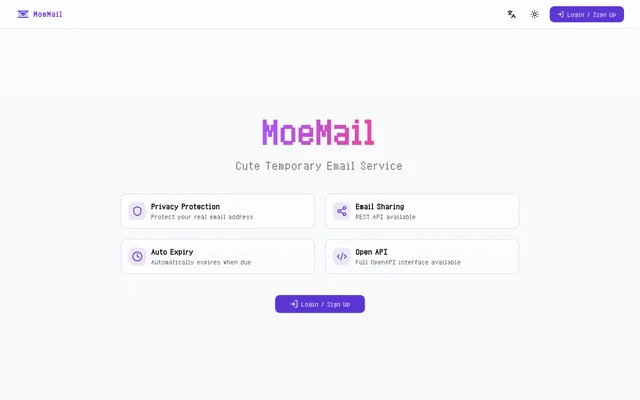 MoeMail homepage with the four feature cards and the sign-in button