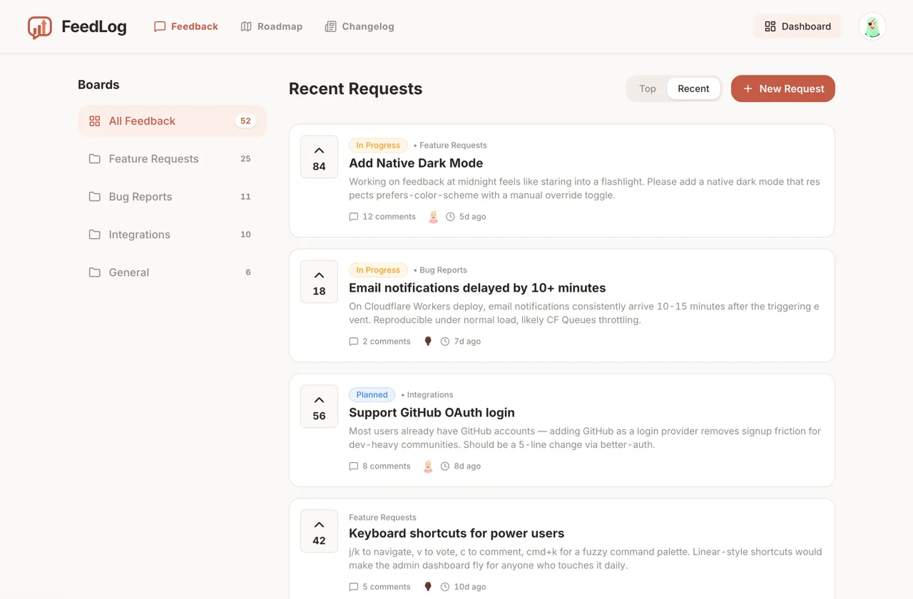 FeedLog feedback board with boards sidebar, vote counts and status labels on recent requests
