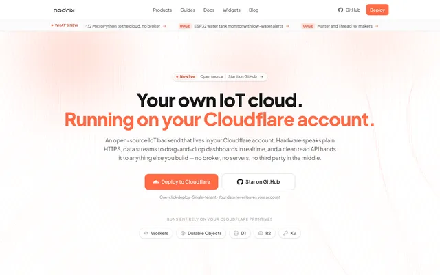 nodrix homepage hero with a Deploy to Cloudflare button and the Workers, Durable Objects, D1, R2 and KV services it uses