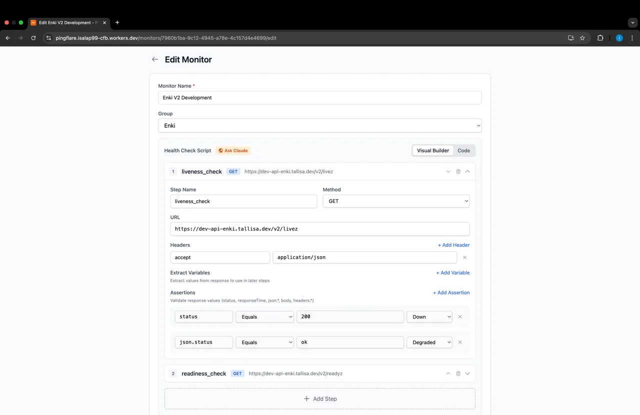 Pingflare Edit Monitor screen: a two-step health check script in the visual builder with status and JSON assertions