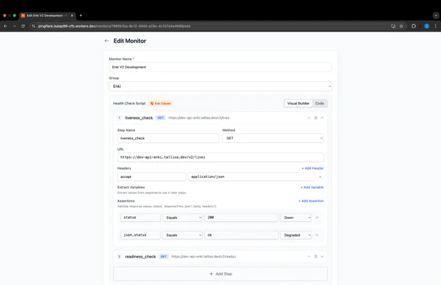 Pingflare Edit Monitor screen: a two-step health check script in the visual builder with status and JSON assertions
