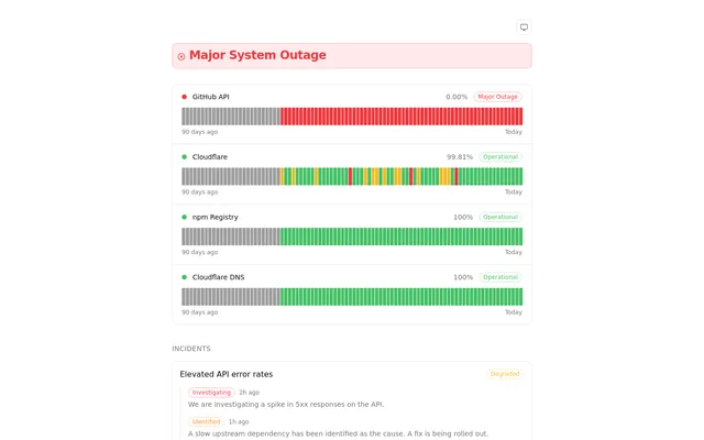 StatusBeam demo status page with an outage banner, 90-day uptime bars per component and an incident timeline