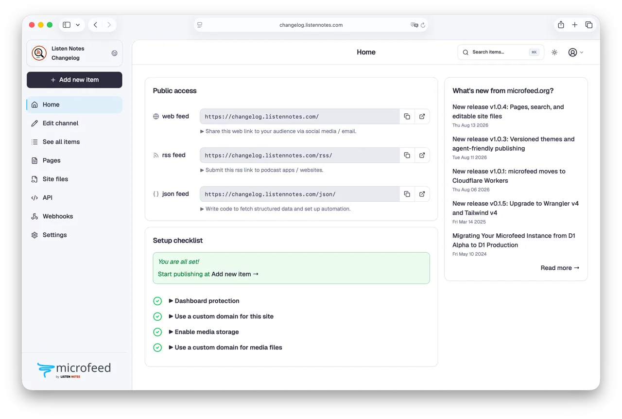 microfeed dashboard home with web, RSS and JSON feed URLs and a completed setup checklist