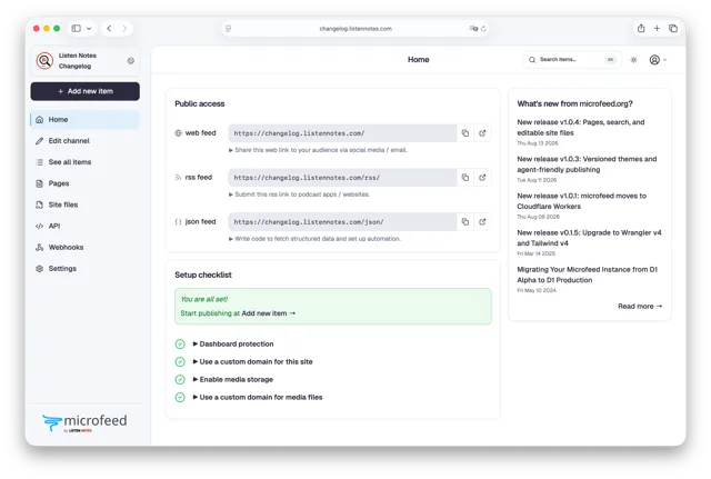 microfeed dashboard home with web, RSS and JSON feed URLs and a completed setup checklist