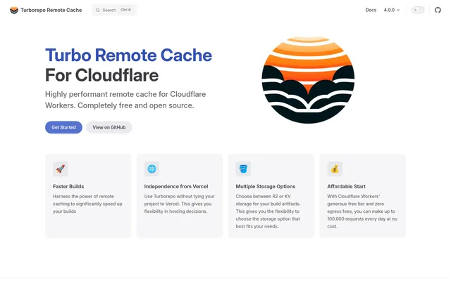 Turborepo Remote Cache documentation home page with the project logo and four feature cards