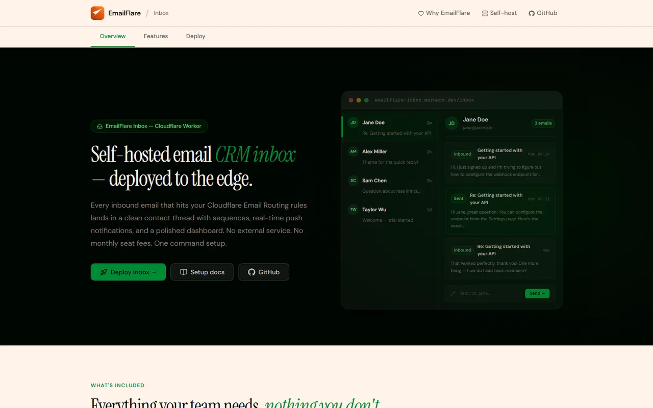EmailFlare Inbox landing page with a mockup of the conversation list and a contact thread