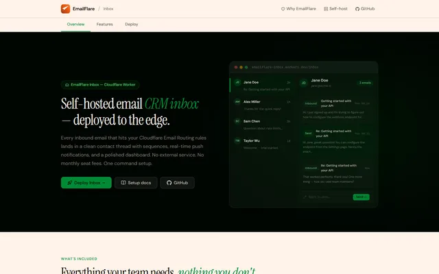 EmailFlare Inbox landing page with a mockup of the conversation list and a contact thread