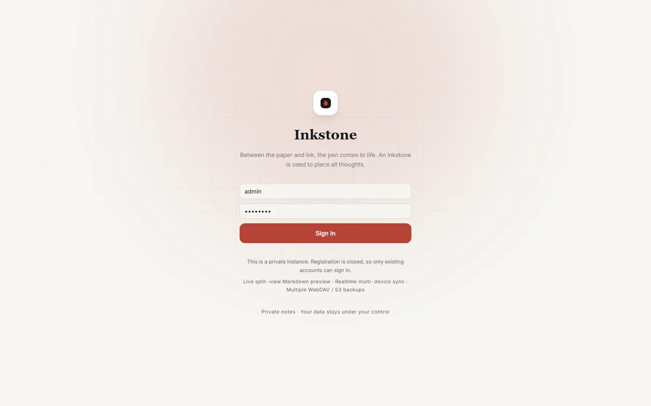 Inkstone public demo sign-in screen with the demo account filled in