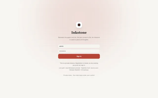 Inkstone public demo sign-in screen with the demo account filled in