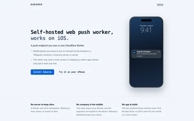 Kukuroo homepage with an iPhone lock screen showing a "Task W13 finished" push notification