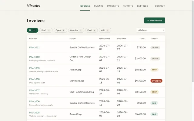 Minvoice invoice list with status tabs, client filter, due dates, totals and Draft, Sent, Overdue and Paid labels