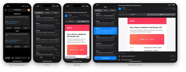 mail2telegram push notification, Mini App inbox, message reader and iPad split view in Telegram
