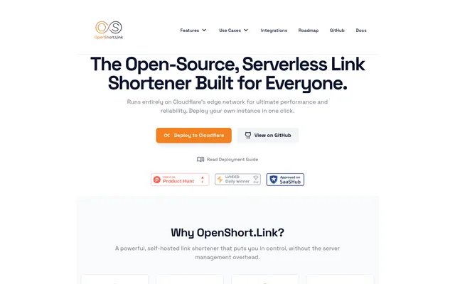 OpenShort.link homepage with Deploy to Cloudflare and View on GitHub buttons