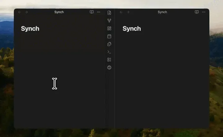 Animated preview of two Obsidian windows side by side, each open on a note titled Synch