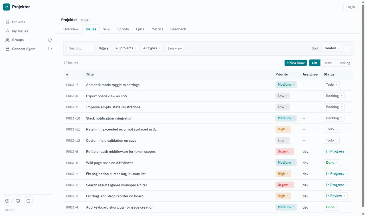 Projektor issue list for the PROJ project with issue refs, priorities, assignees and statuses