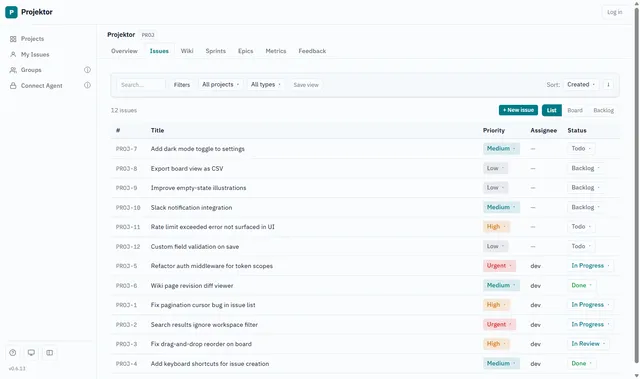 Projektor issue list for the PROJ project with issue refs, priorities, assignees and statuses