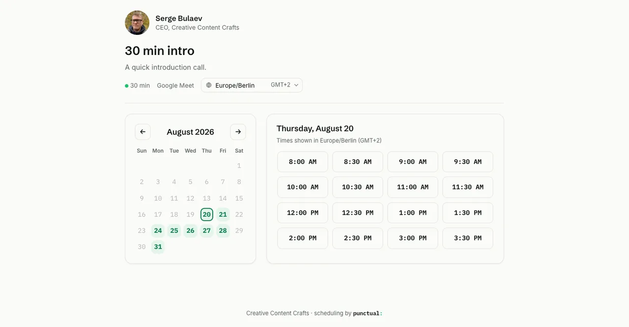 Punctual booking page for a 30-minute intro call, with an August 2026 date picker and open half-hour slots