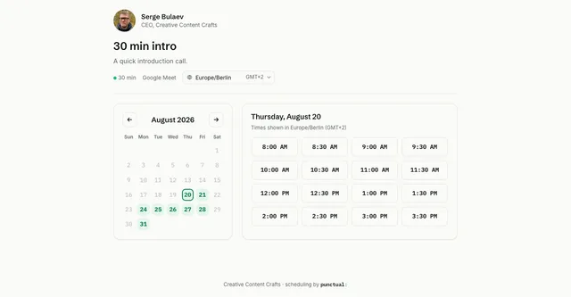 Punctual booking page for a 30-minute intro call, with an August 2026 date picker and open half-hour slots