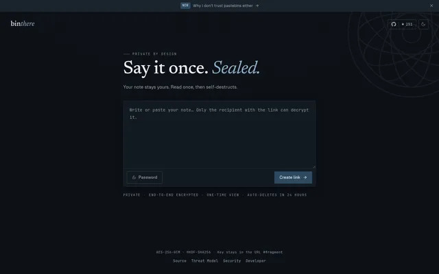 binthere compose screen in the dark theme with a note field, a Password button and a Create link button