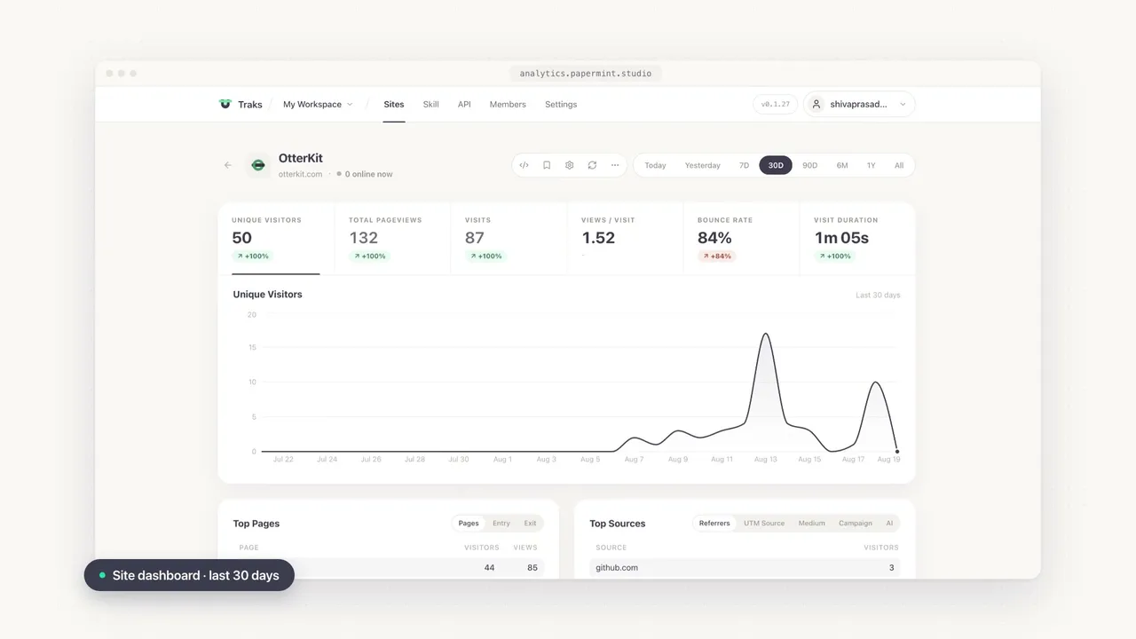 Traks site dashboard with visitors, pageviews, bounce rate, a 30-day visitor chart and top pages
