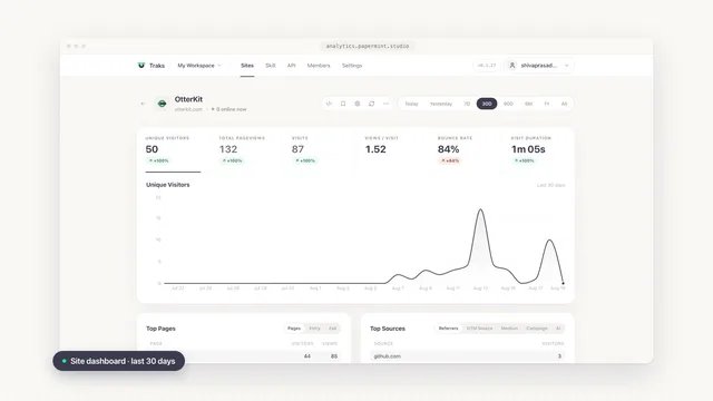 Traks site dashboard with visitors, pageviews, bounce rate, a 30-day visitor chart and top pages