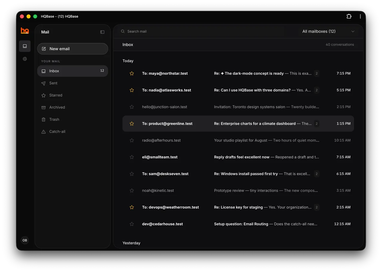 HQBase inbox in dark mode: mail folders on the left and today's conversations across all mailboxes