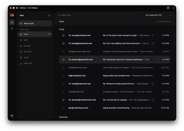 HQBase inbox in dark mode: mail folders on the left and today's conversations across all mailboxes