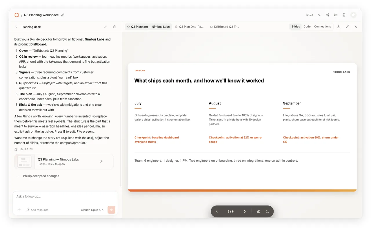 Cloudflare OS workspace with the agent chat beside a six-slide Q3 planning deck it generated