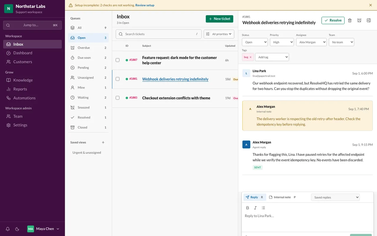 ResolveHQ three-pane inbox with ticket queues, an open ticket thread and an internal note