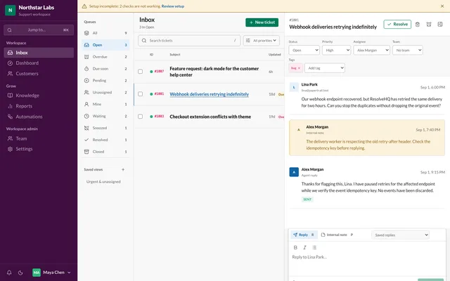 ResolveHQ three-pane inbox with ticket queues, an open ticket thread and an internal note