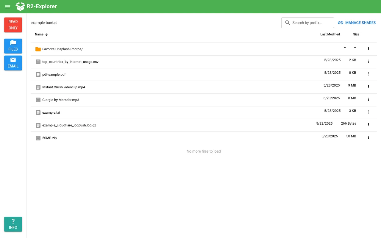 R2-Explorer demo listing an R2 bucket's folder and files with dates and sizes, in read-only mode